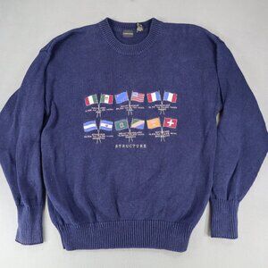 Vintage Structure Mountain Peaks Country Flags Sweater Sz L Navy Cotton Heavy